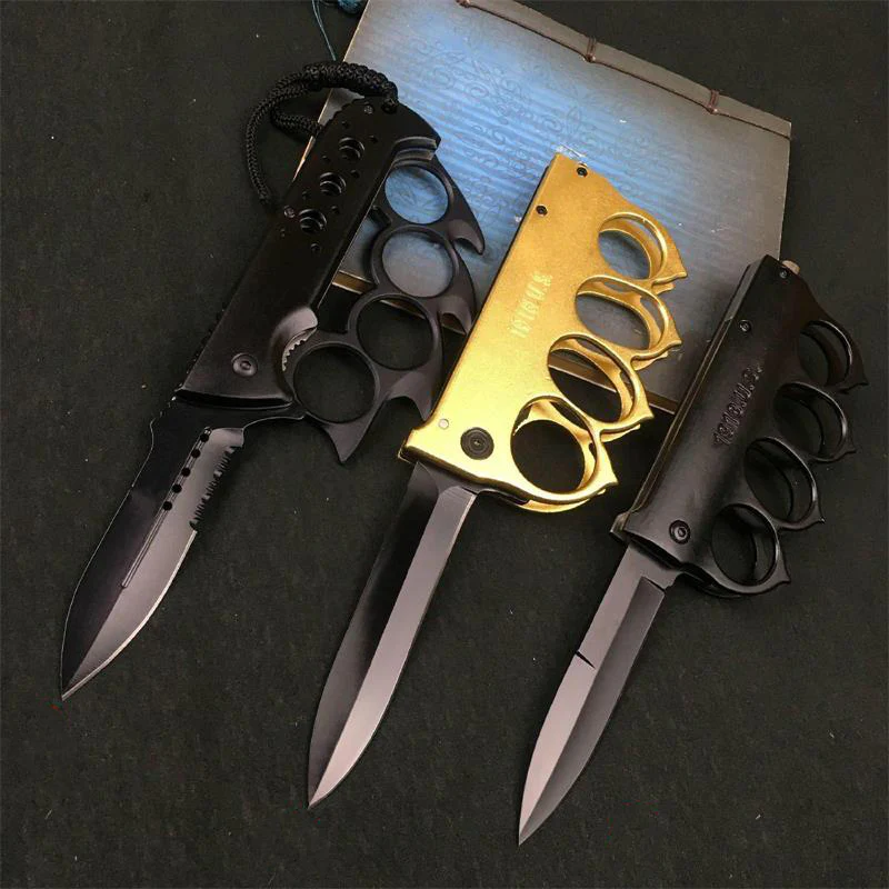 Outdoor Knuckle Duster Folding Tactical Knife Camping Hunting Self-defense Pocket Knives Window Breaking Tool