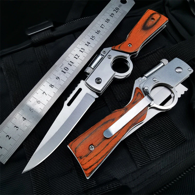 Wood Handle AK47 Folding Knife Outdoor Camping Knives with Light EDC Tool - Image 2