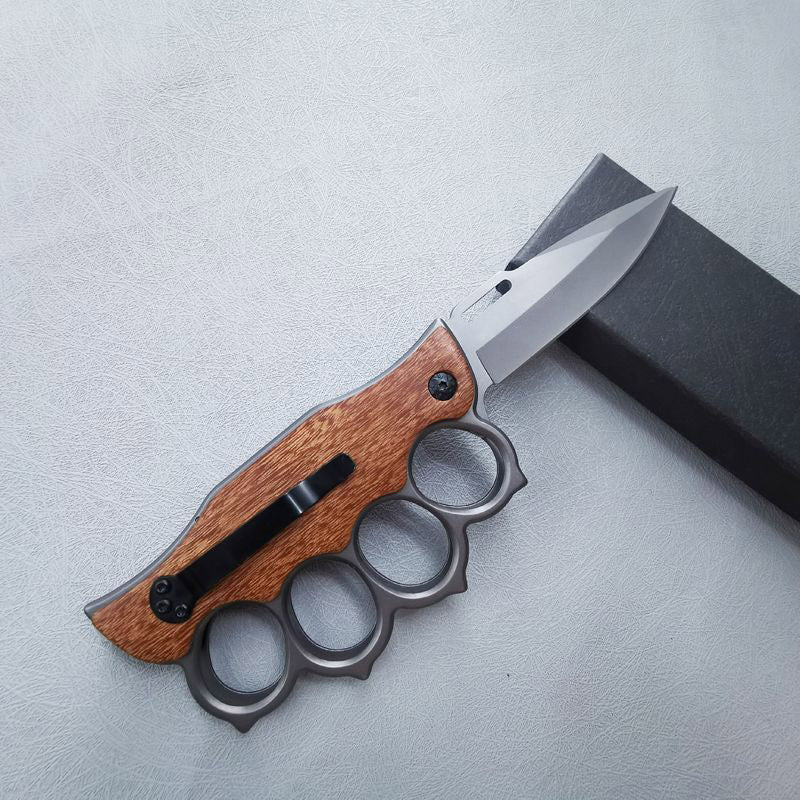 Tactical Folding Knuckle Knife Wooden Handle Outdoor Self Defense Pocket Knives EDC Tool - Image 4