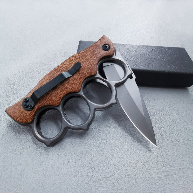 Tactical Folding Knuckle Knife Wooden Handle Outdoor Self Defense Pocket Knives EDC Tool - Image 5